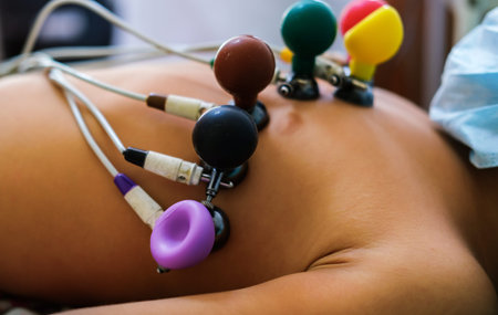 Masked boy on Electrocardiography, obtaining an electrocardiogram, a technique for studying the...