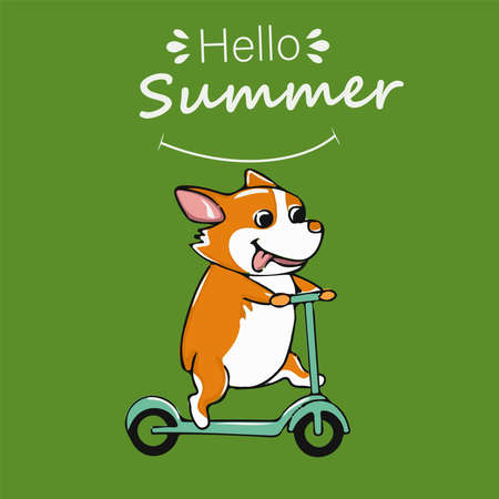 Postcard corgi dog with Kick scooter letter hello summer Cute orange ginger welsh corgi vector cartoon sticker illustration isolated on colored backgroundのイラスト素材