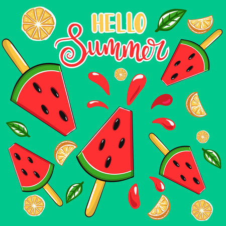 Hello summer greeting card with hand-drawn letters on a green background with watermelon ice cream,...