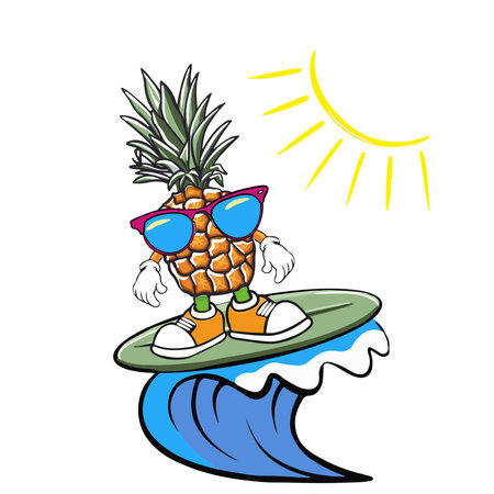 Happy pineapple cartoon character on the surf board, surfing on wave.poster and shirt design...
