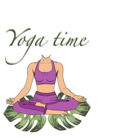 Vector illustration with female figure and lettering. Hand written phrase design with isolated silhouette of woman meditating in lotus positionのイラスト素材