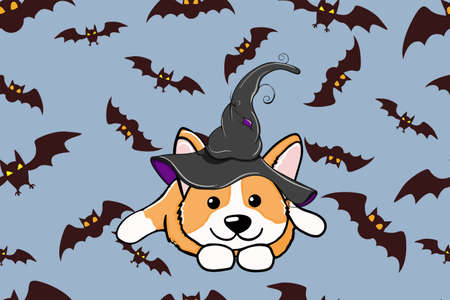 Halloween corgi puppy dressed as a witch wearing a hat Pet lovers theme vector cartoon illustrationのイラスト素材