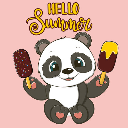 Cute cartoon baby panda with ice cream. Vector illustrationのイラスト素材