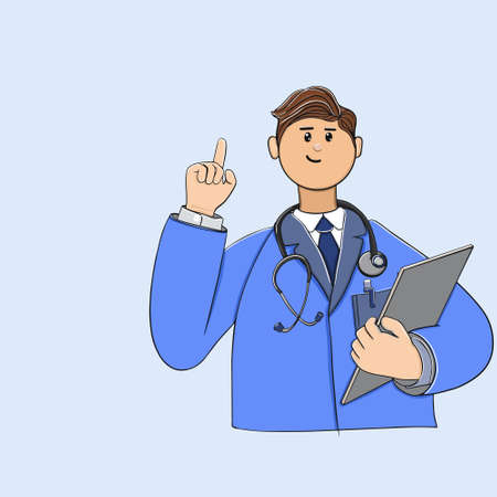 doctor man with a stethoscope and in a work coat with a raised finger up attention in a standing position vector illustrationのイラスト素材
