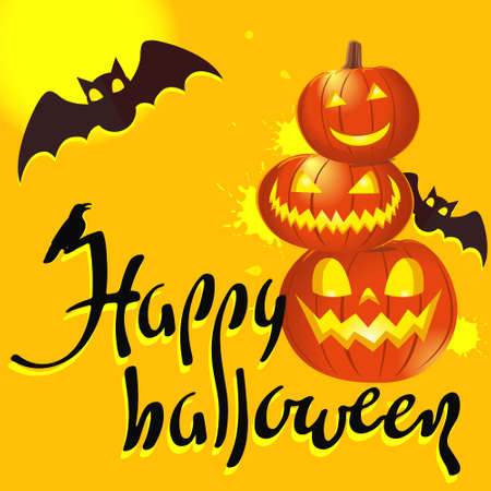 Vector three pumpkins together on top of each other, cartoon halloween pumpkin isolated cartoon on orange backgroundのイラスト素材