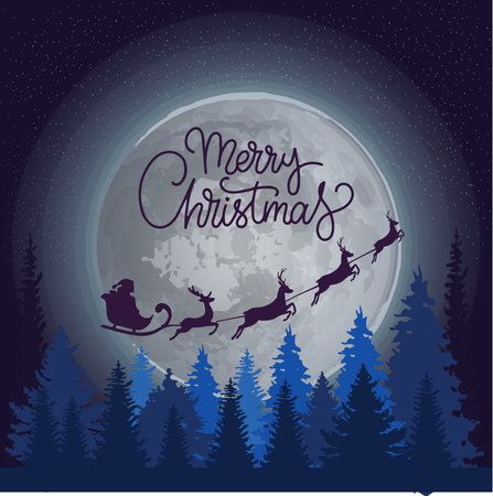 Happy Christmas lettering with deer by fir trees and snowflakes. Christmas card with deer antlers. Vectorのイラスト素材