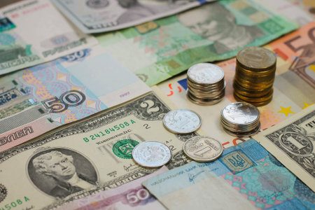 Money from different countries  dollars, euros, hryvnia, rubles の写真素材