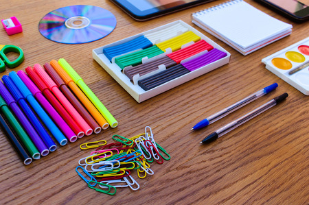 Stationery objects. Office and school supplies on the table. back to school.の写真素材