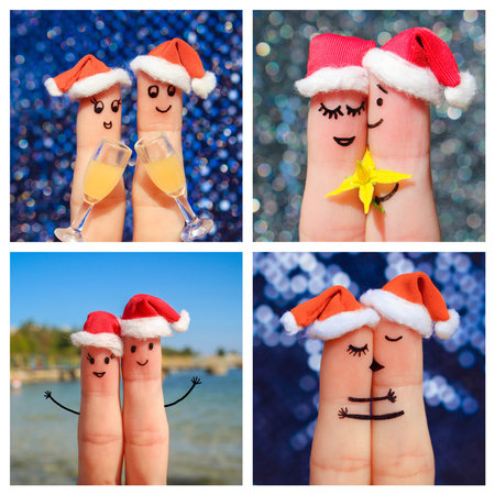 Finger art of a Happy couple. Collage happy couple celebrates Christmas.