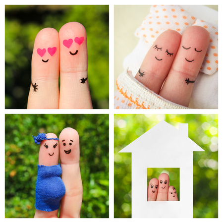 Collage finger art of a happy couple. The different stages of the life of a couple: dating, love, pregnancy, birth of a child.の写真素材