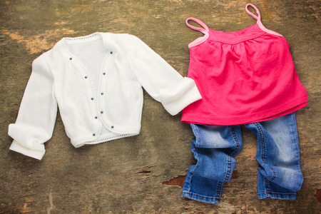 Children's clothing, jacket, shirt, jeans. Top view.の写真素材
