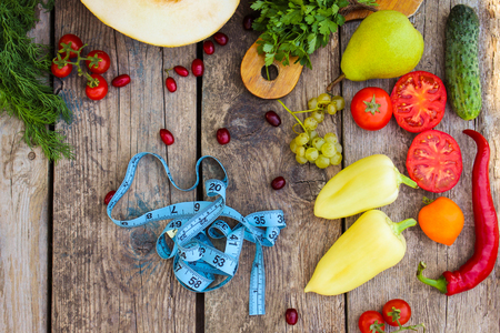 Fruits, vegetables and in measure. Top view.の写真素材