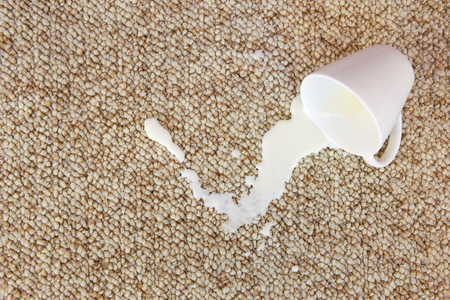 Cup of milk fell on carpet. Stain is on floor.の写真素材