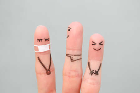 Fingers art of people. Concept children bullying their classmate in medical mask from COVID-2019.の写真素材