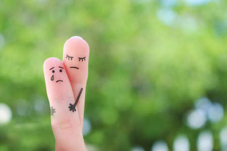 Fingers art of family. Concept single mother left alone with child.の写真素材