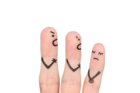 Fingers art of family during quarrel. Concept of parents scold naughty child isolated on white.の写真素材