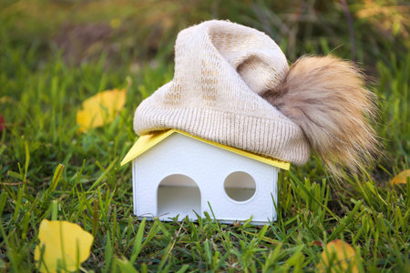A woolen hat is lying on the roof of the house. The concept of alternative heating.