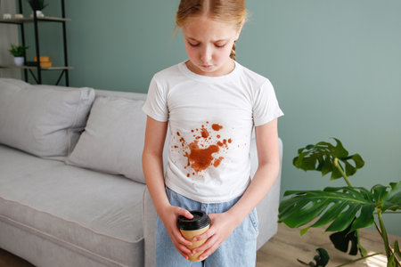 The child spilled coffee on his clothes. The concept of a stain on a t-shirt.の写真素材