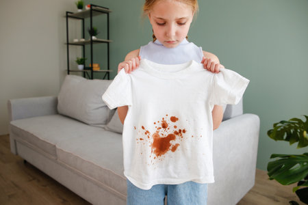The child spilled coffee on his clothes. The concept of a stain on a t-shirt.の写真素材
