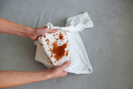 The child spilled coffee on his clothes. The concept of a stain on a t-shirt. top view.の写真素材