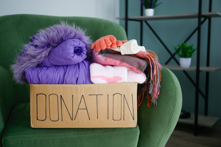 Donation box with clothes on the armchair in the living room.の写真素材