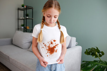 The child spilled coffee on his clothes. The concept of a stain on a t-shirt.の写真素材