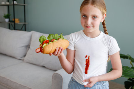 The child stained his clothes with ketchup. A girl eats a hot dog.の写真素材
