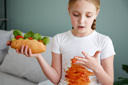 The child stained his clothes with ketchup. A girl eats a hot dog.の写真素材