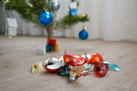 The broken Christmas tree glass balls. The concept of a bad packing of goods.