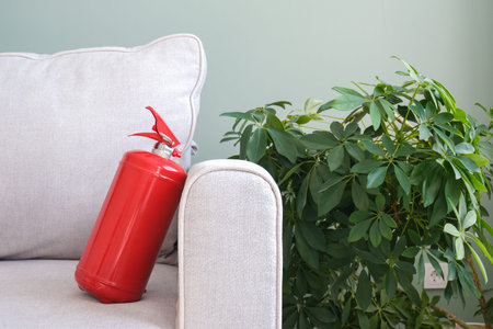 The fire extinguisher is on the gray sofa in the room. Fire safety at home