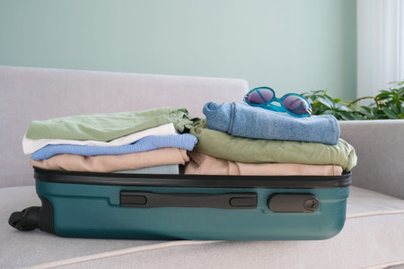A suitcase for traveling with things on the couch at home.