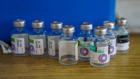 Semarang, Indonesia, 8 November 2023: Background to various types of vaccines given to children under 7 years of age to prevent diphtheria and tetanus.の写真素材