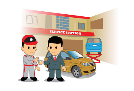 An auto mechanic handed the keys to the customer. The car has been repaired and ready for reuse.のイラスト素材