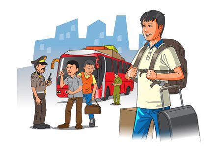 An annual unique tradition in Indonesia, during Idul Fitri holidays, urban people try to return to the village to meet families in various ways, such as buses, trains, ships and airplanes.のイラスト素材