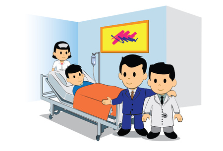 Legal protection of Patients. A Legal Expert is mediating between a patient suing on a malpractice allegation with a doctor.のイラスト素材