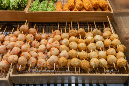 Famous street food fried fishball and meatball at night market