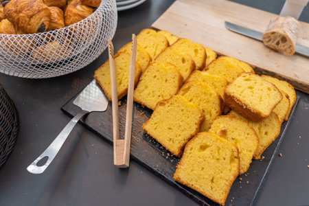 Pile of beautiful golden butter sandwich slice in restaurant