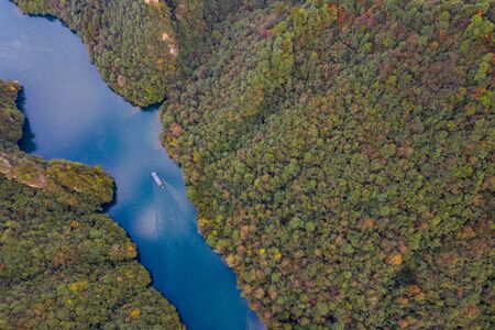 Aerial view of scenic lake and mountain in Zhangjiajieの写真素材