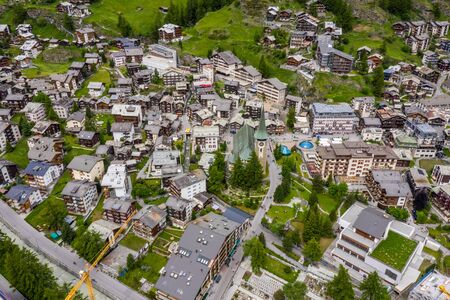 Aerial view of beautiful villages and houses in Zermatt, Switzerlandの写真素材