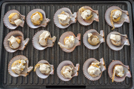Grilling scallops and cheese on electric panの写真素材