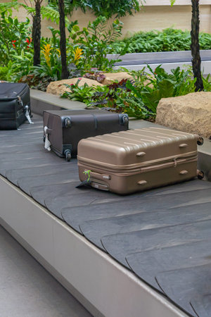 Suitcases on conveyor luggage belt in the airportの写真素材