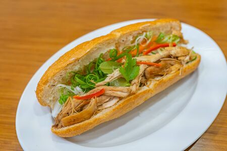 Traditional Vietnamese shredded chicken meat sandwich and scallion- Banh Miの写真素材
