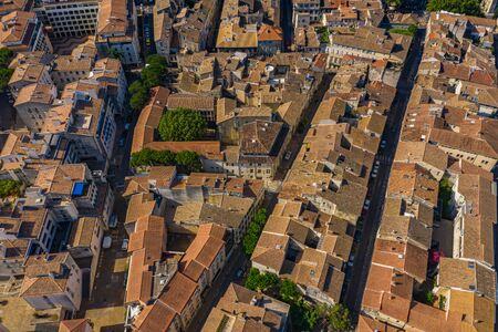 Directly above view of reddish roofing houses in Avignon cityの写真素材