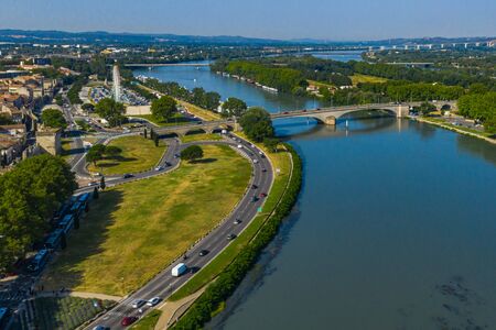 Beautiful Avignon city by the bank of Rhone river, Franceの写真素材