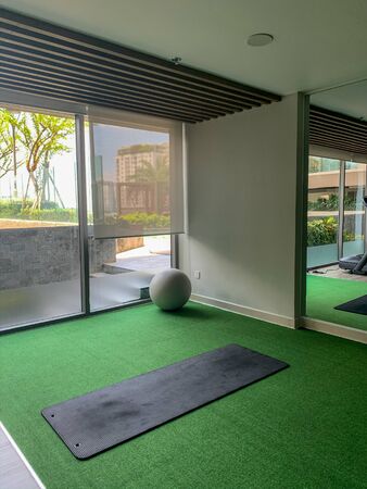 Empty yoga hall with fitness ball and exercise matの写真素材
