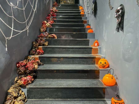 Creepy halloween decoration concept on indoor stairwayの写真素材