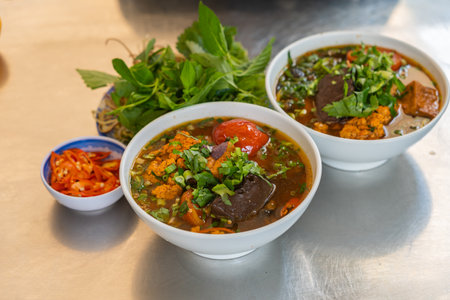 Crab noodle with tomato soup, Bun Rieu - Vietnamese cuisineの写真素材