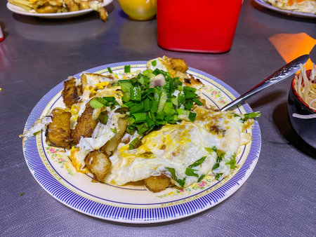 Vietnamese cuisine - Pan-fried rice cake and scrambled egg, Bot Chienの写真素材