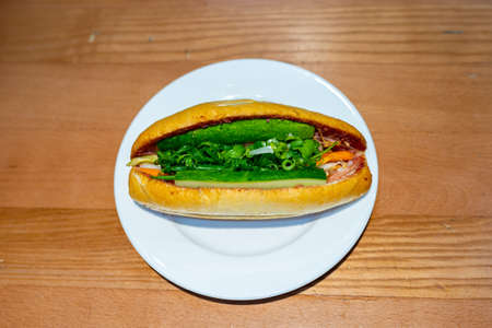 Delicious Vietnamese pork sandwich on the plateの写真素材