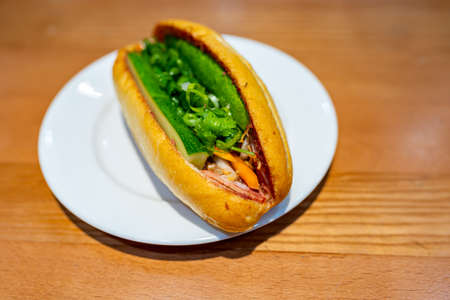 Delicious Vietnamese pork sandwich on the plateの写真素材